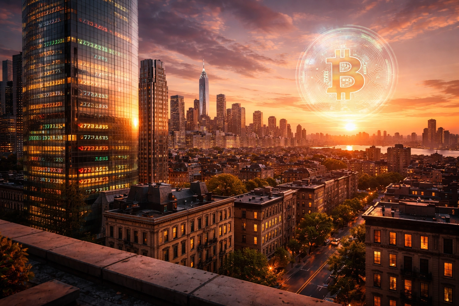 Cityscape at sunset merging skyscrapers, digital stock tickers, and Bitcoin, illustrating diverse investment opportunities.