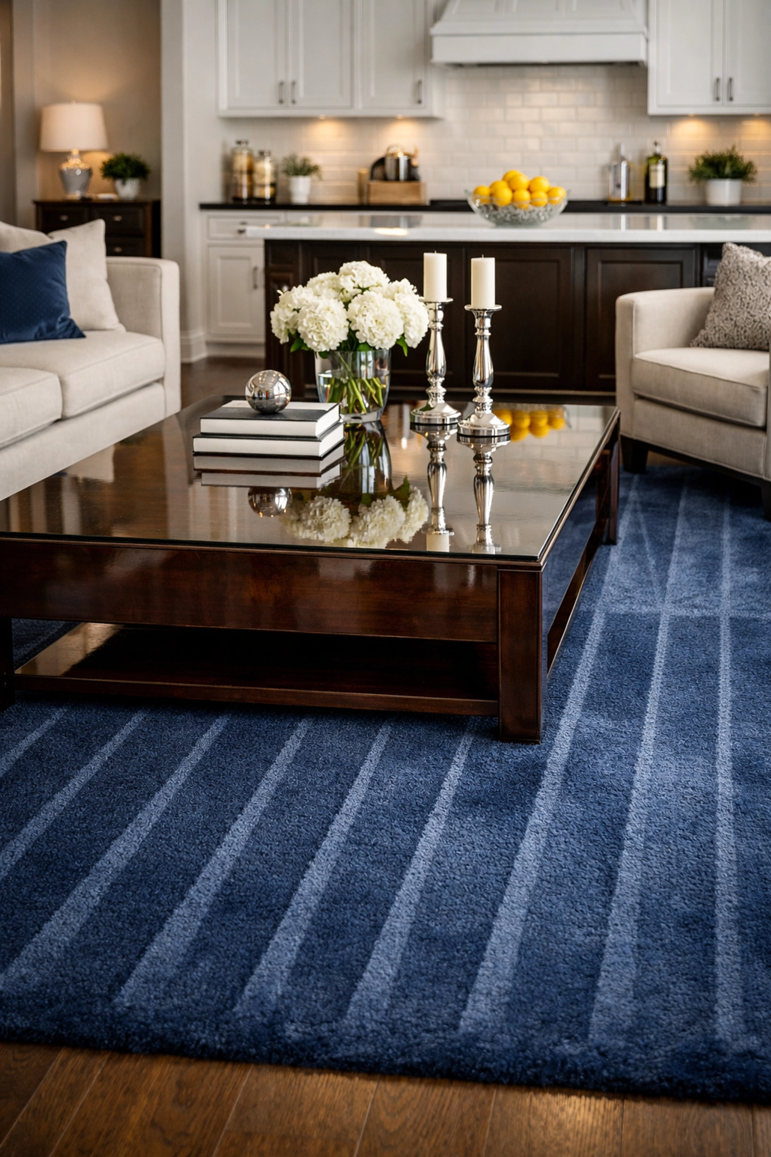 Pristine living room with perfect vacuum lines showing the results of house cleaning Pepperell MA services.