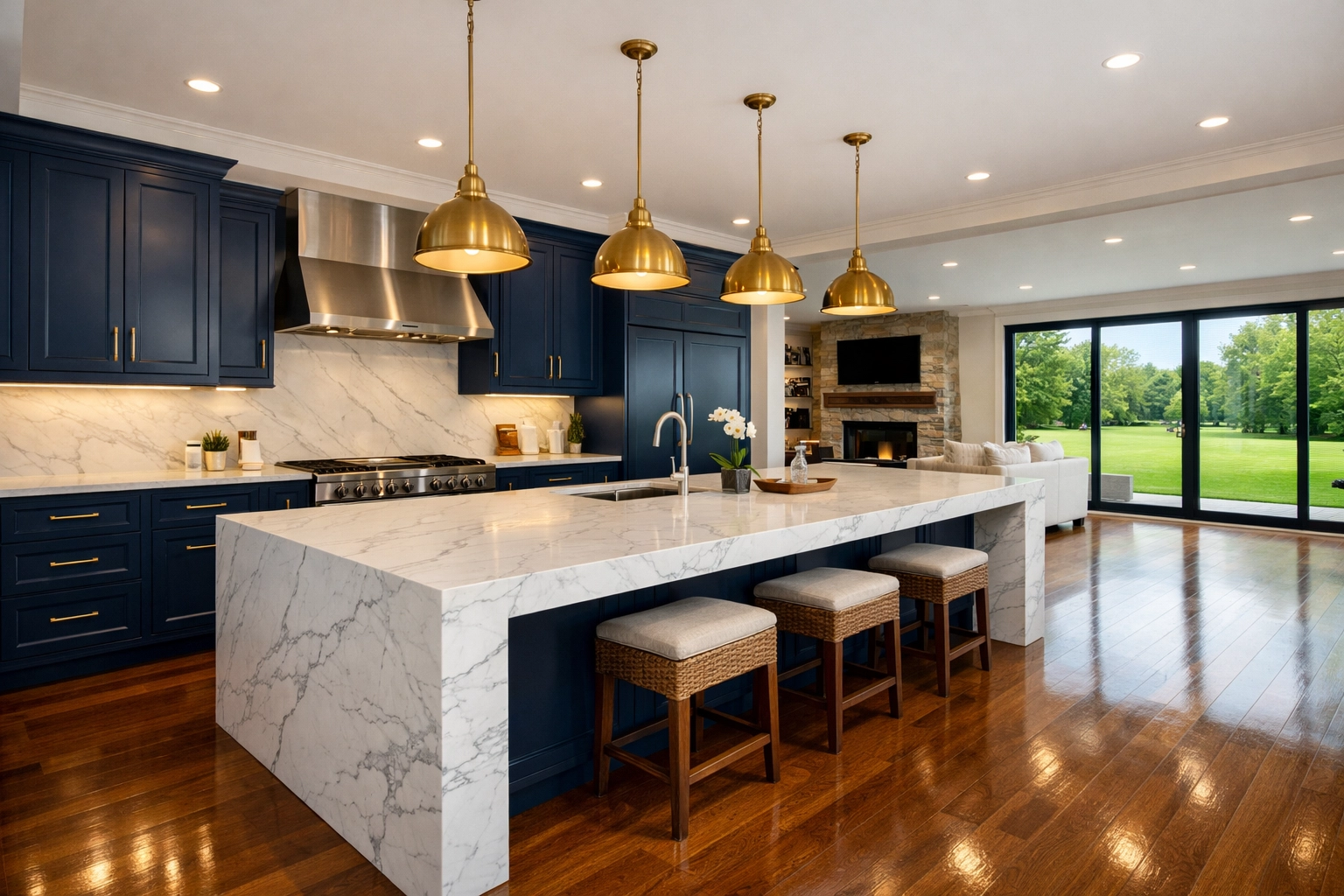 Spotless modern kitchen in a Foxborough home showcasing the results of professional luxury house cleaning.