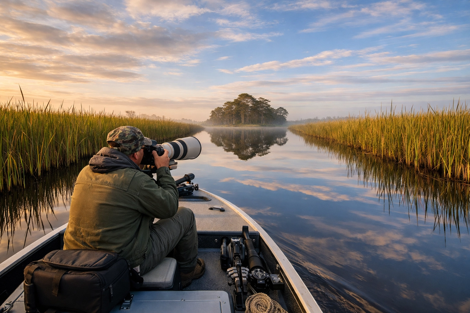 Photographer on a private skiff in an Everglades sawgrass channel during a wildlife photography expedition.