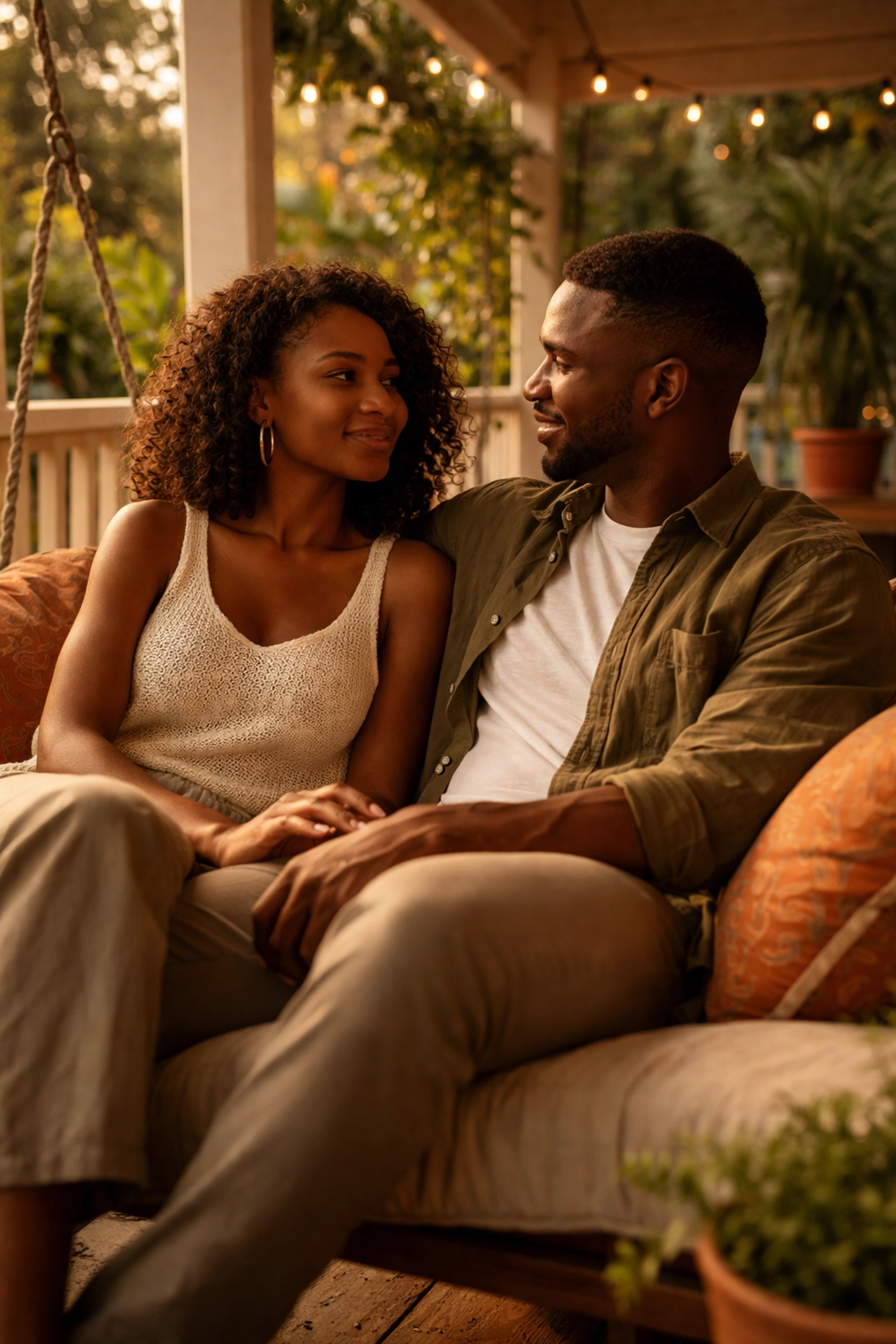 Black couple in their 30s sharing a meaningful conversation on a porch swing, highlighting emotional connection and relationship maintenance.