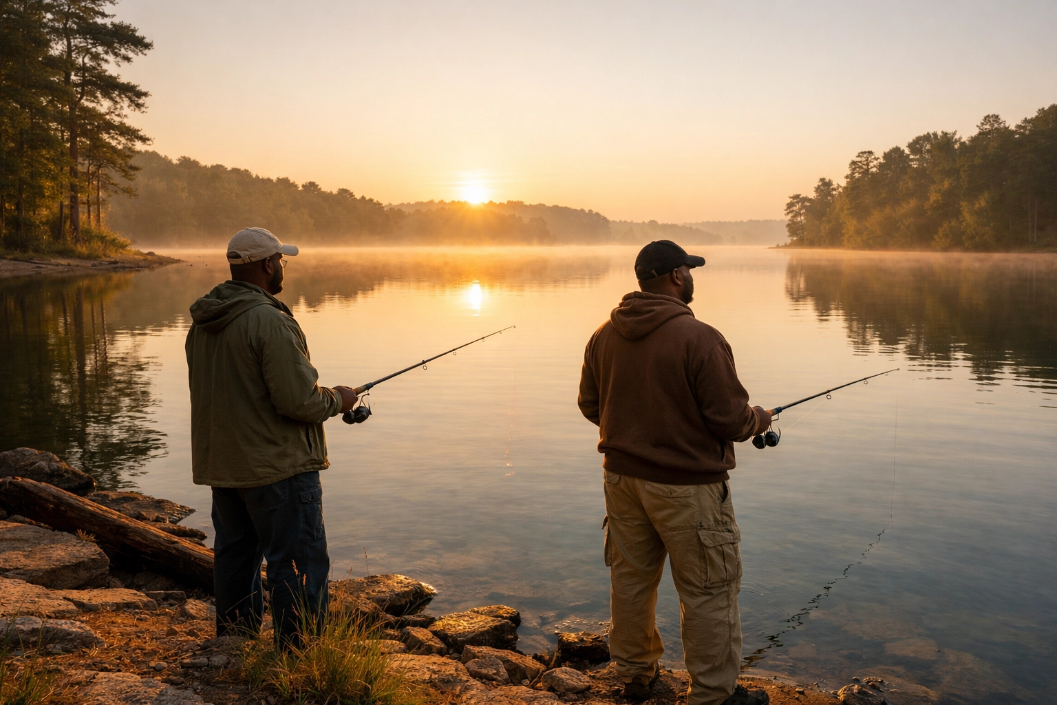 Two Black men fishing at Lake Blackshear during a peaceful sunrise at a Georgia camping event.