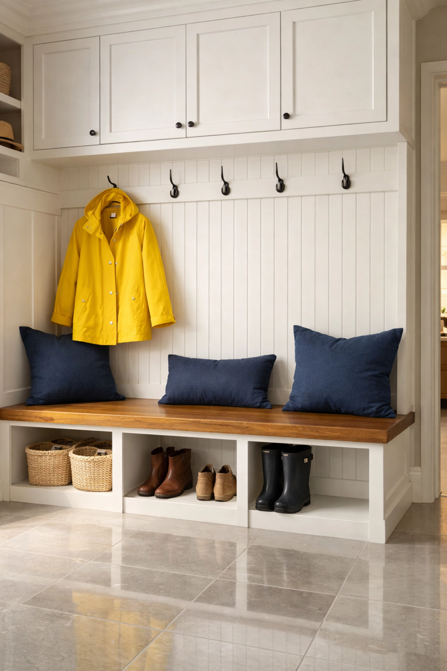 Clean mudroom with white cabinets and spotless tiles, showcasing professional house cleaning in Shrewsbury.