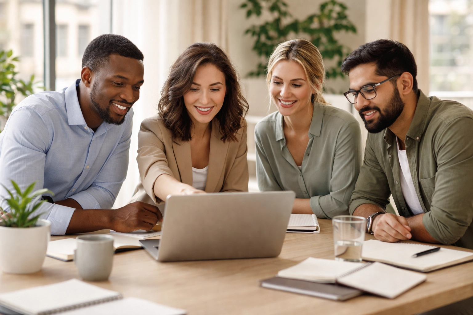 Diverse small business team collaborates to manage WISP compliance and security accountability.