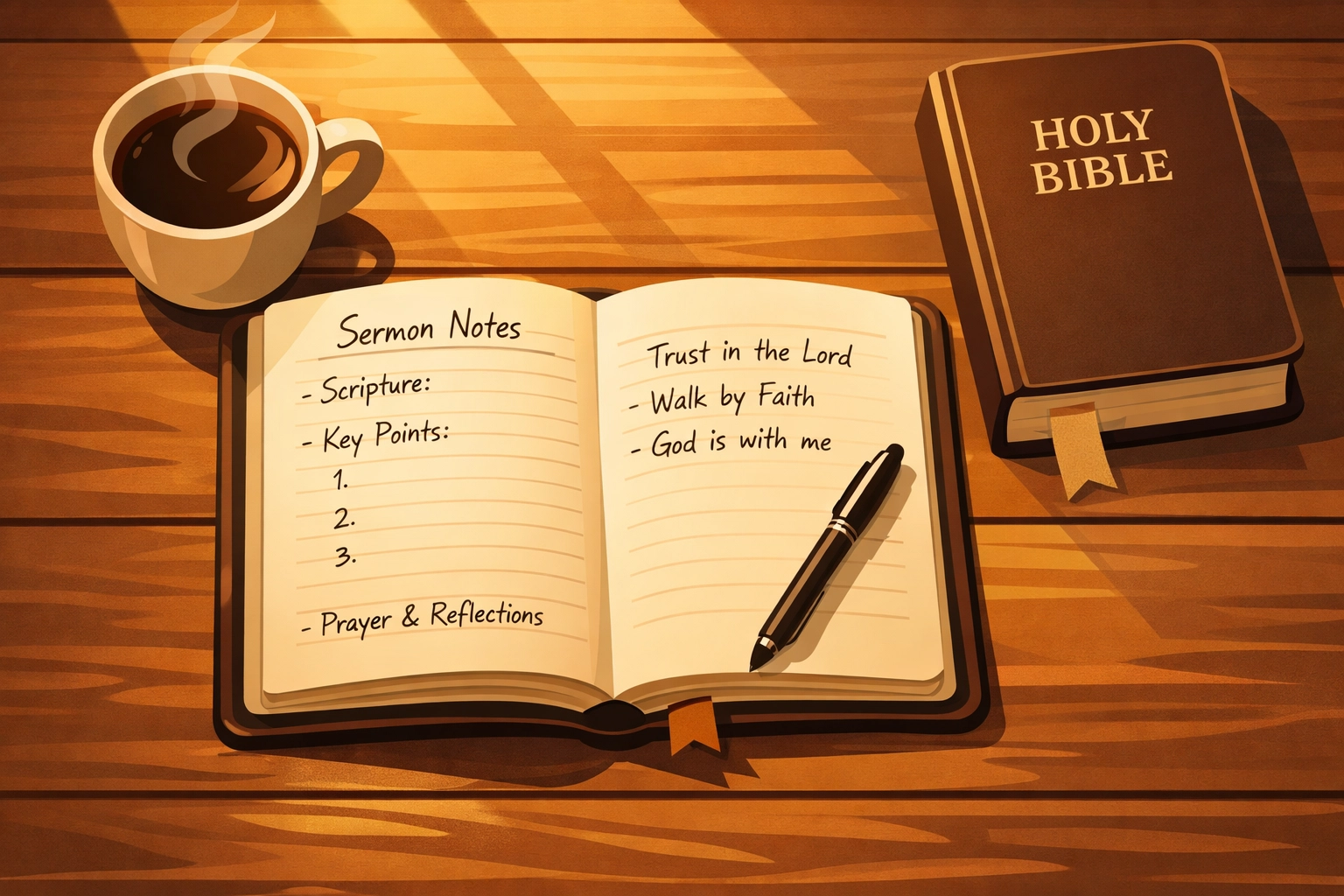 Open journal with sermon notes next to coffee and Bible on wooden desk