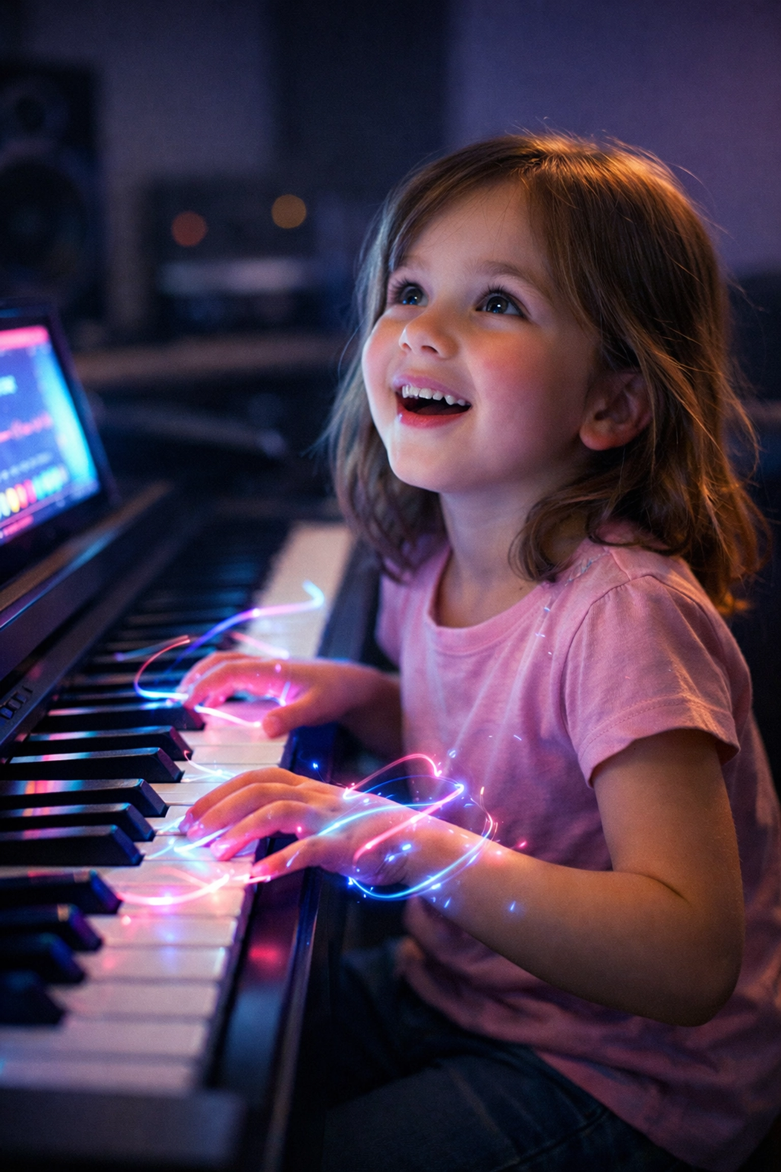 A young girl smiling during piano lessons for kids featuring glowing MIDI technology in Ontario, CA.