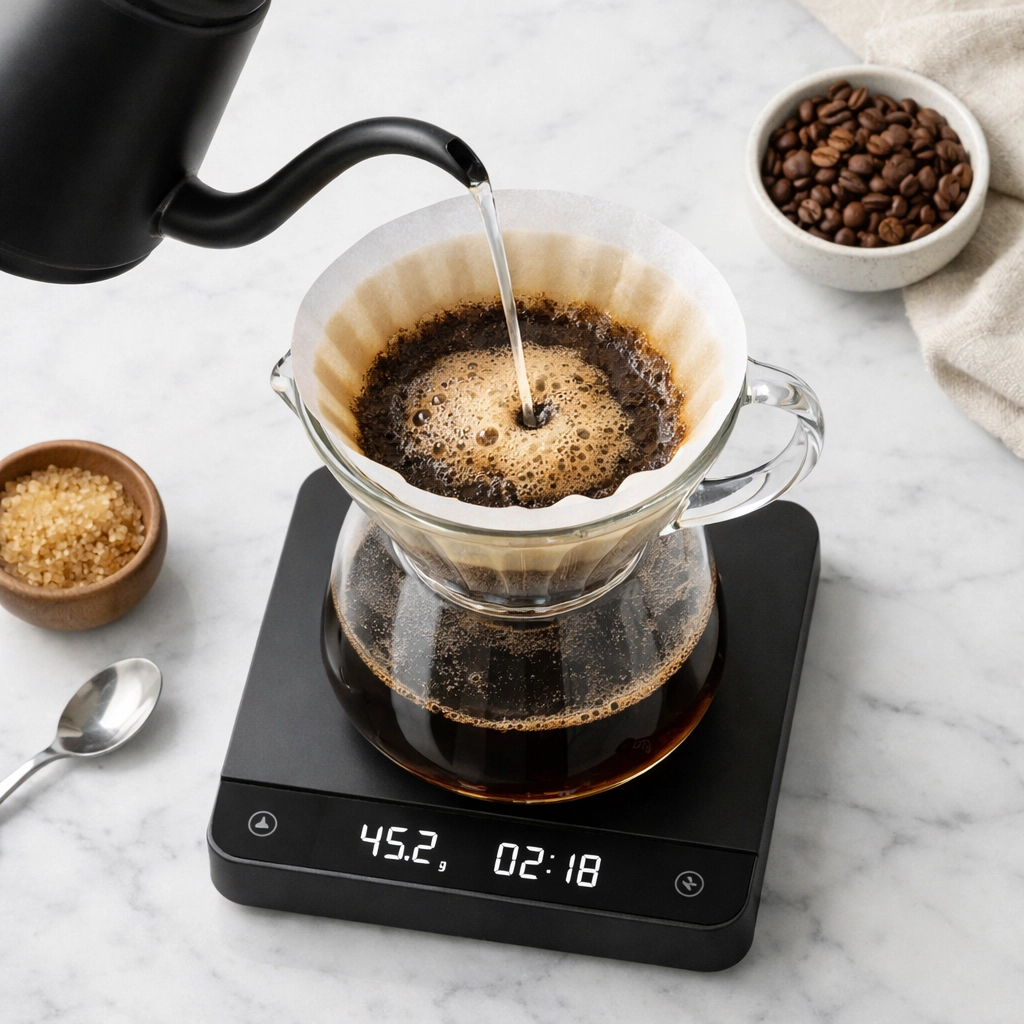 Pour-over coffee brewing on a digital scale to ensure precise coffee to water ratios.