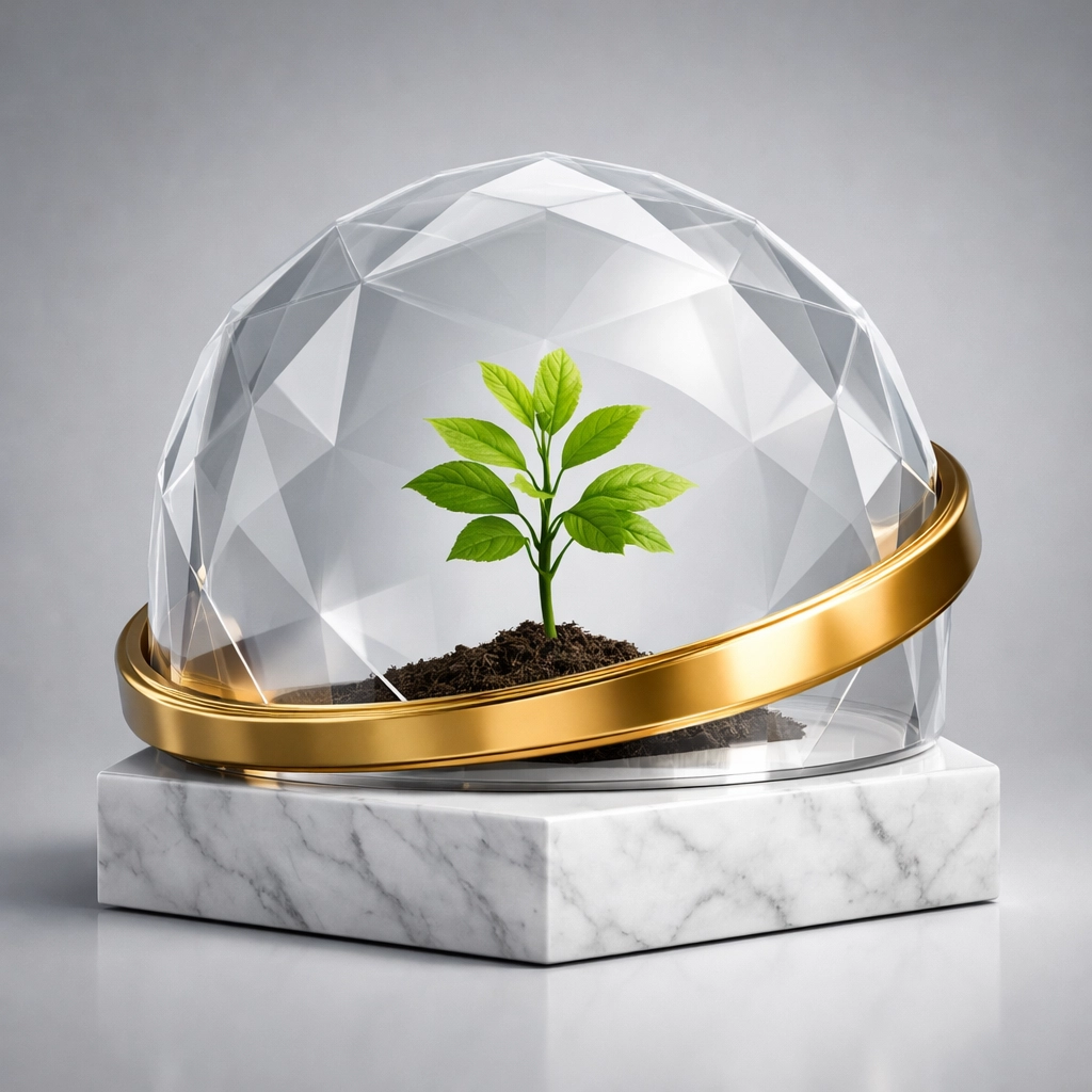 A protective shield over a growing sapling, representing financial asset armor and the warrior-steward mindset.