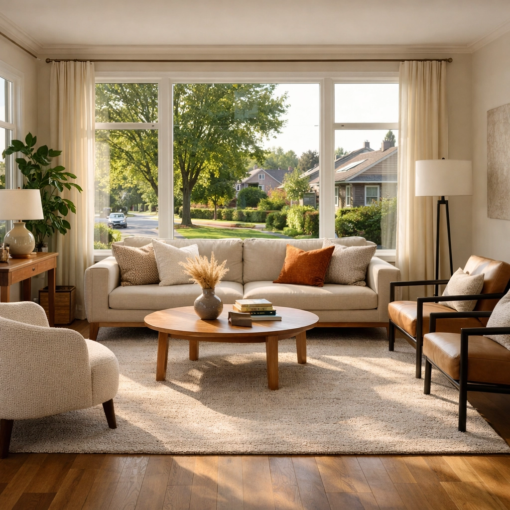Bright living room with large windows overlooking residential neighbourhood in Central Alberta