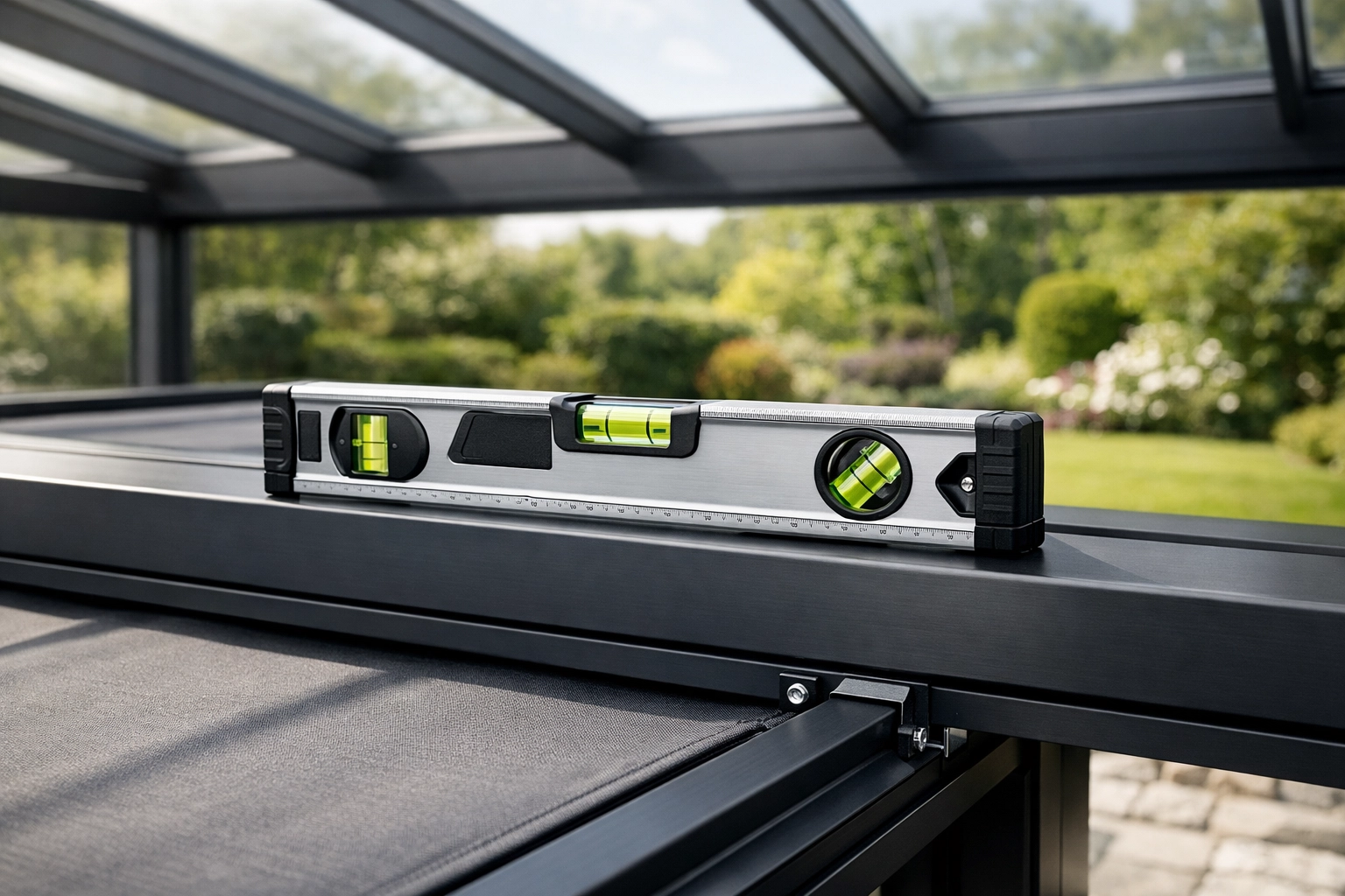 Professionelle Montage eines Sonnenschutzsystems auf einem Aluminiumprofil mit Wasserwaage.