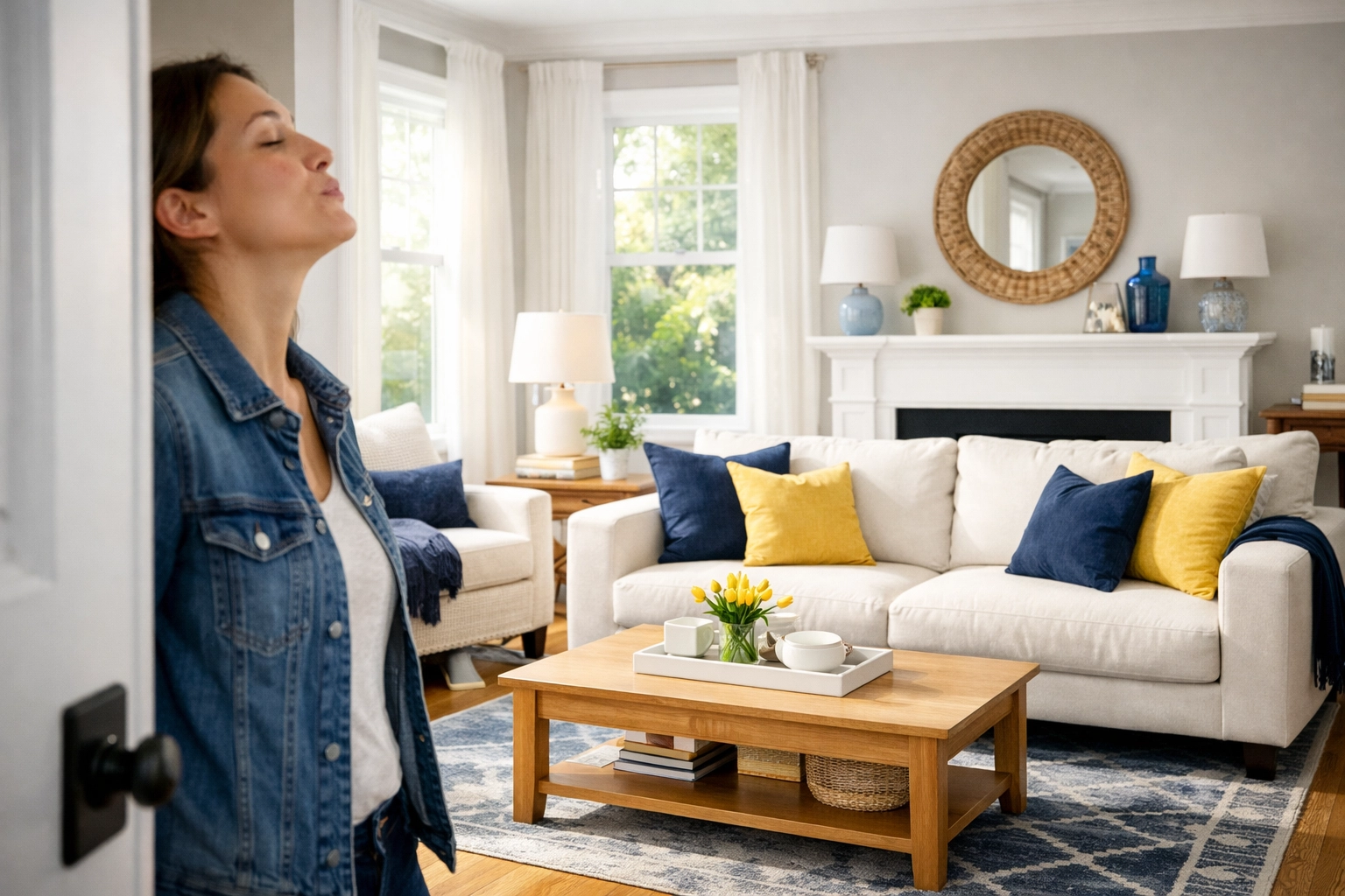 Satisfied homeowner viewing a perfectly clean living room in Leominster MA after professional house cleaning.