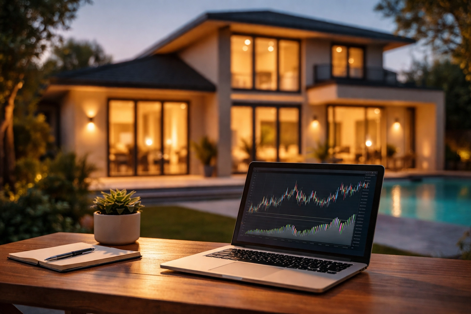Modern Canadian home and desk with investment charts illustrating home equity refinancing for wealth-building