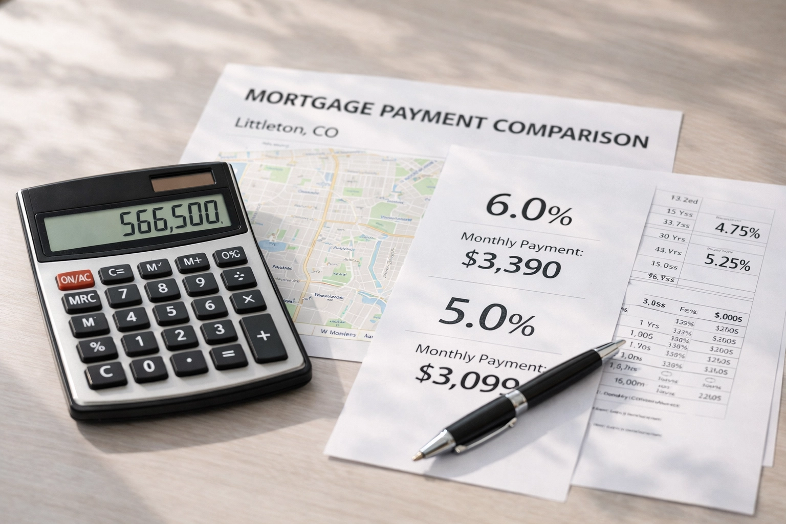Mortgage rate comparison calculator with home price documents showing 6% vs 5% rates in Littleton