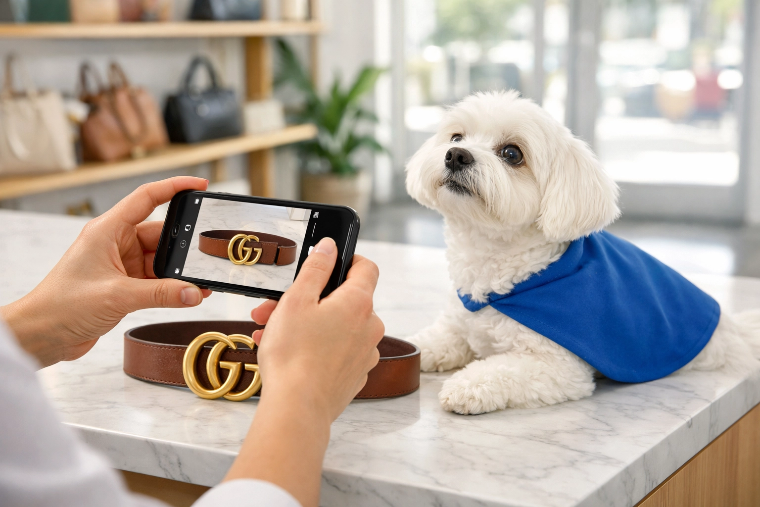 Retail employee using a smartphone app for professional authentication of a designer belt in-store.