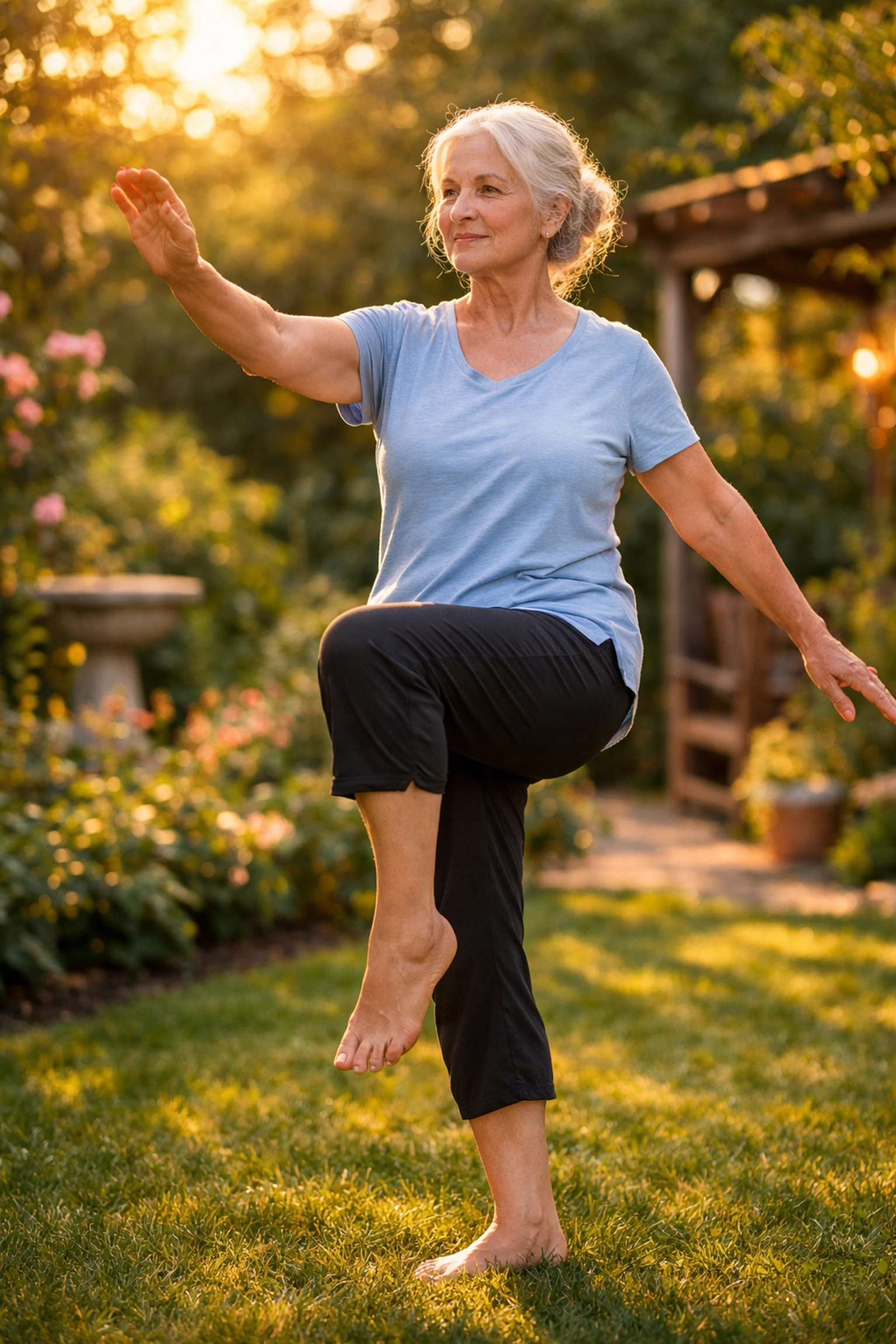 Senior woman performing balance exercises in a sunny garden to improve strength and mobility.