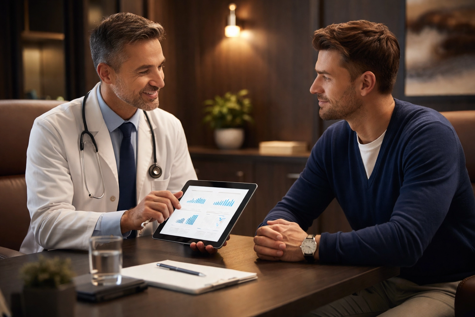 Consultation between male patient and healthcare provider in modern Las Vegas clinic, discussing phentermine sexual health