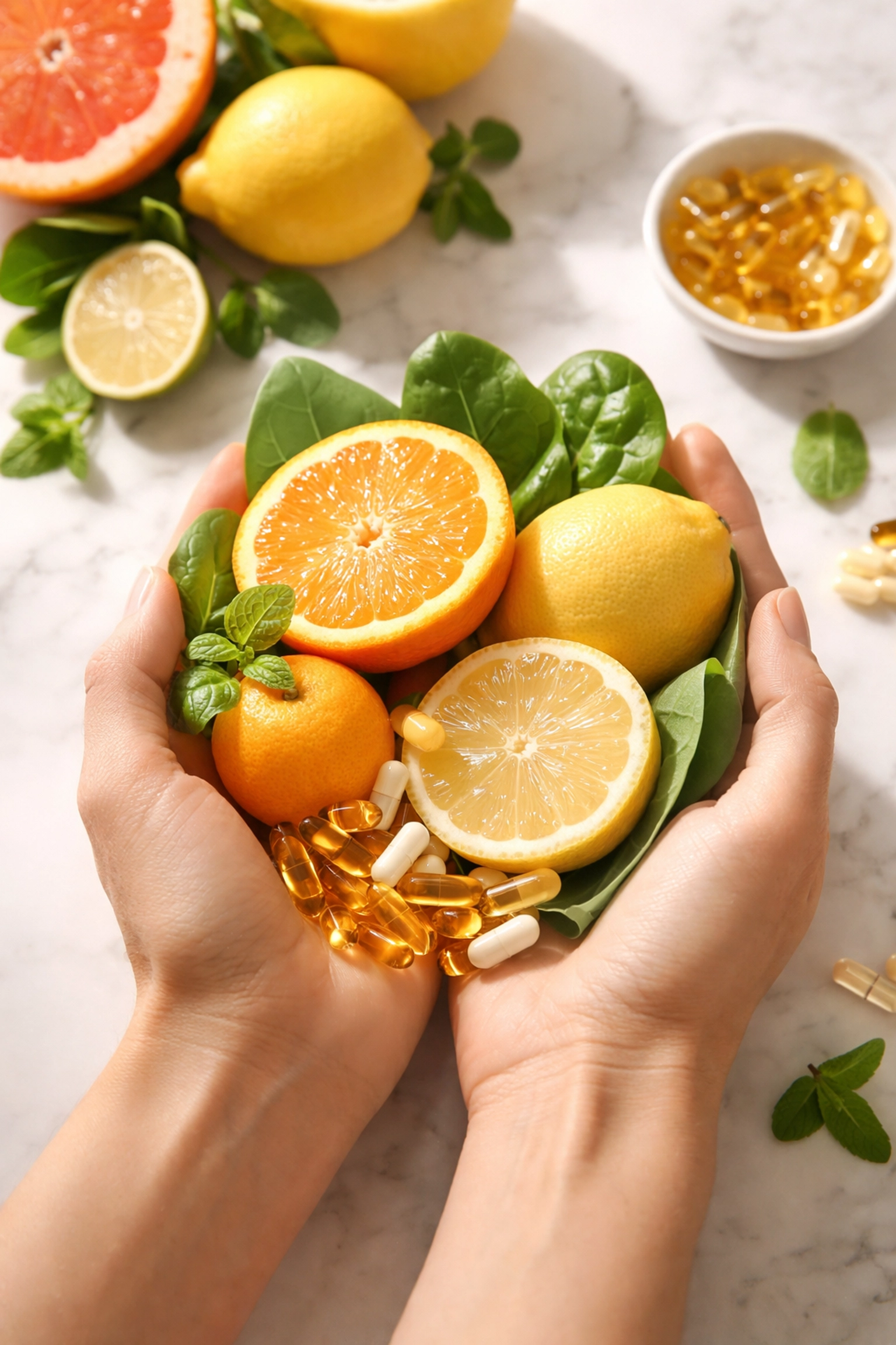 Hands holding fresh citrus fruits, greens, and vitamins, illustrating nutritional support from IV therapy.