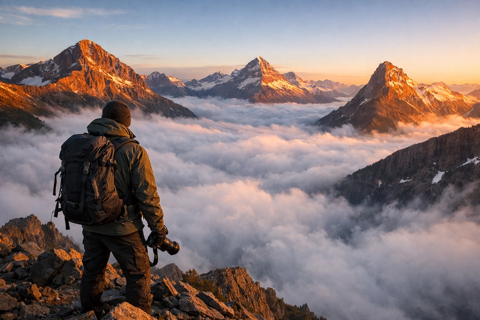 Photographer on a mountain ridge in Glacier National Park capturing dramatic landscape photography views.