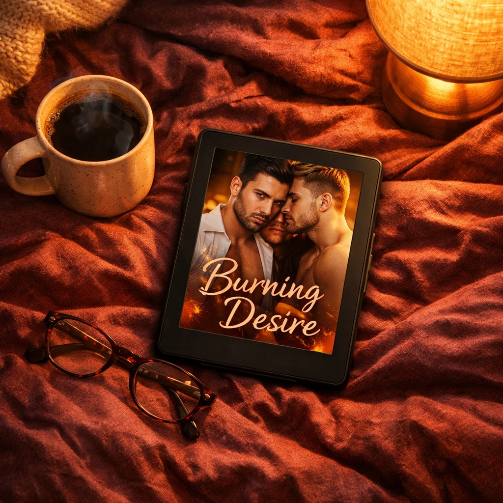 Cozy reading setup with e-reader displaying gay romance book and coffee on bed