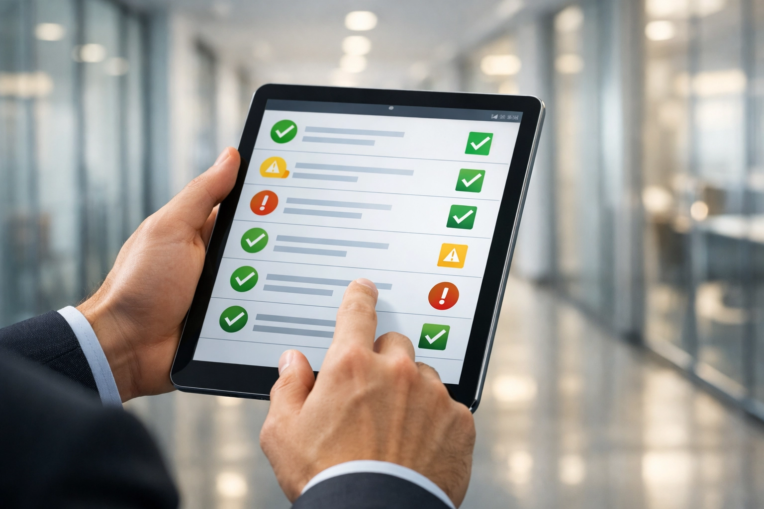 Professional digital janitorial checklist on a tablet in a modern Midwest office corridor.