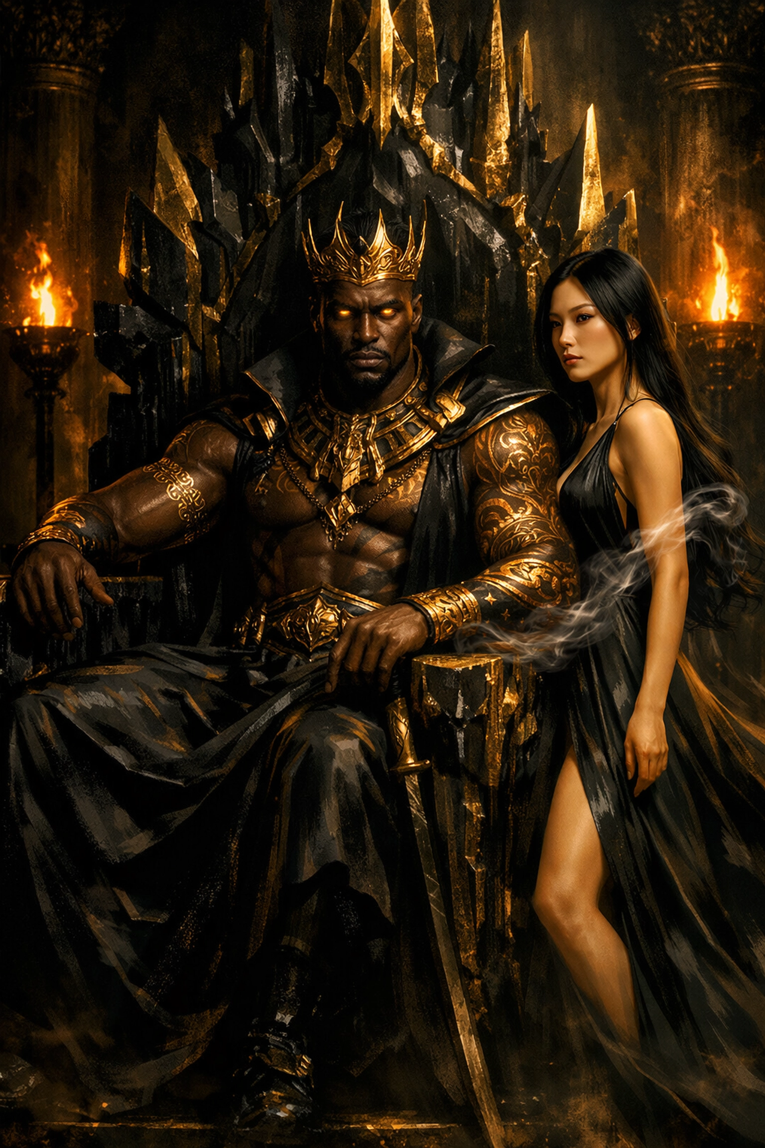 A powerful Black god-king sitting on an obsidian throne with a defiant East Asian queen in a dark temple.