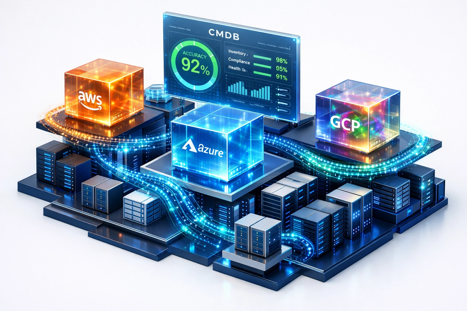 ServiceNow ITOM multi-cloud infrastructure with CMDB dashboard showing 90% accuracy metrics