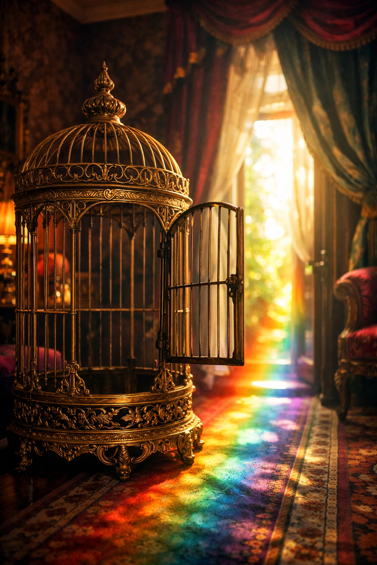 Open birdcage symbolizing freedom from Victorian society's constraints in Maurice gay literature classic