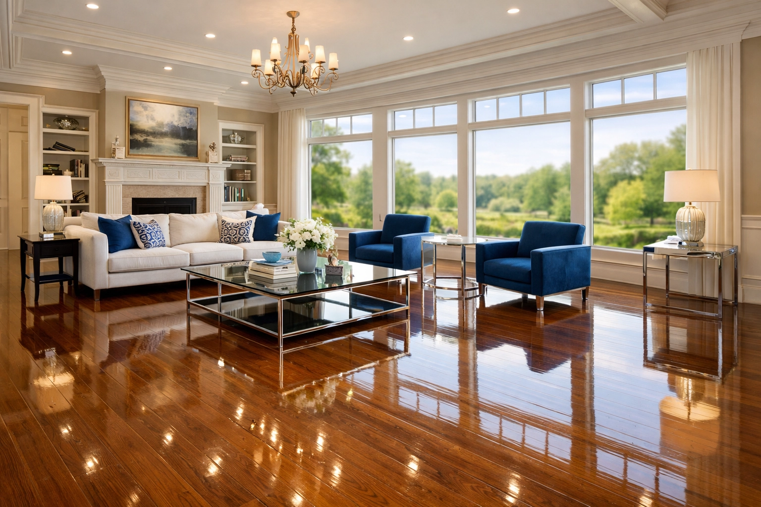 Spotless hardwood floors in a luxury Massachusetts home following a professional move-in cleaning.