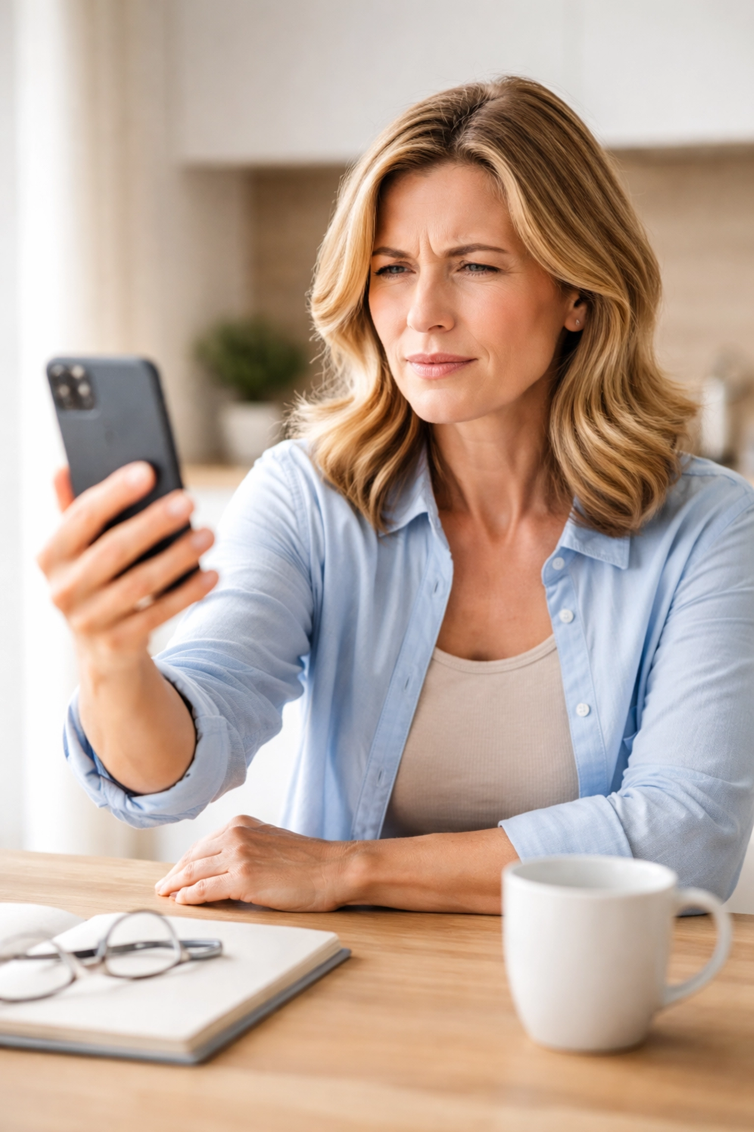 Middle-aged woman squinting at smartphone in bright kitchen, illustrating post-surgery presbyopia and the need for reading glasses.