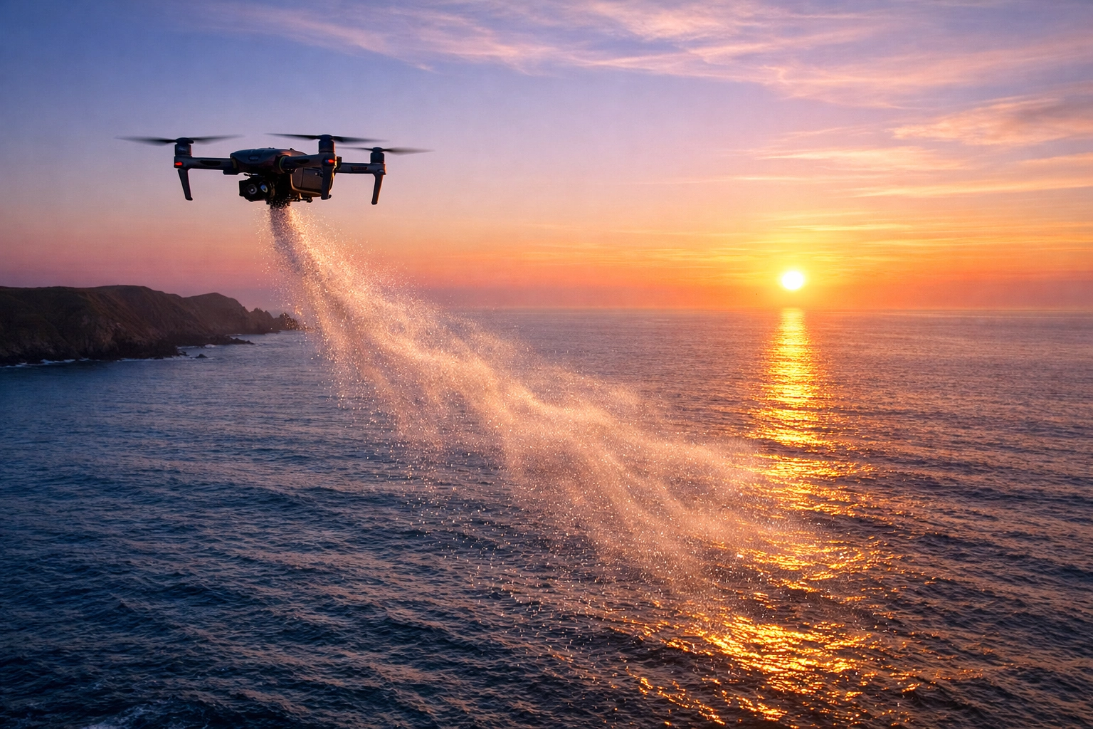 Peaceful drone ash scattering over the shimmering Devon coast during a golden hour memorial.