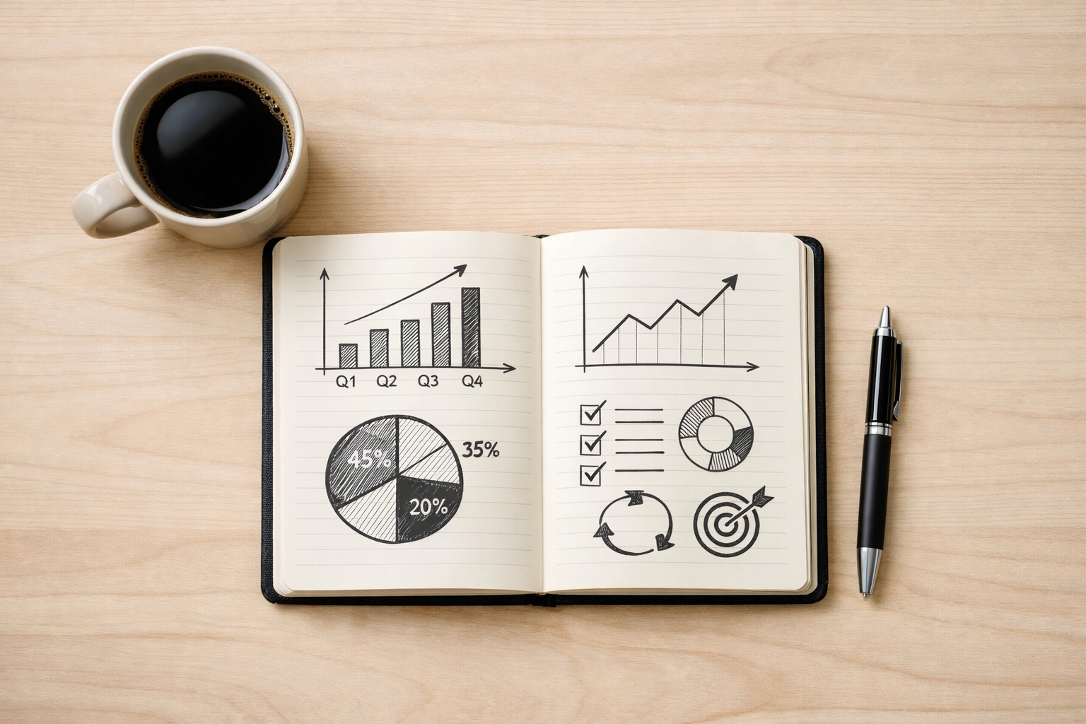 Business workspace with strategy charts for tracking SEO revenue metrics