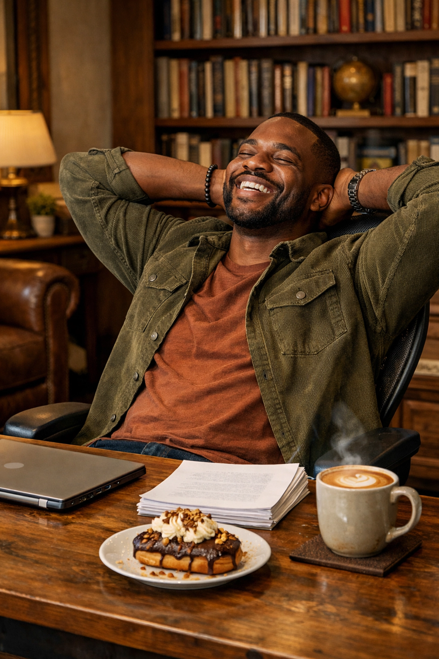 Successful author celebrating finishing his book manuscript at a desk with a reward and coffee.