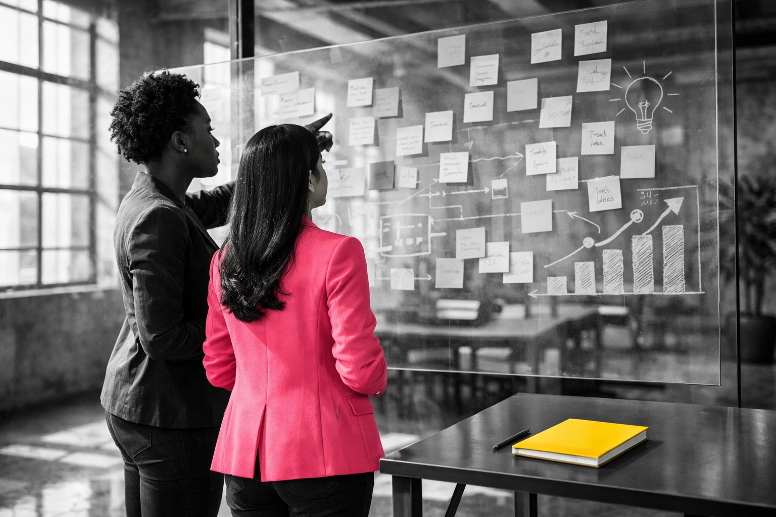 Two diverse women founders collaborating on business strategy and storytelling in a modern office space.