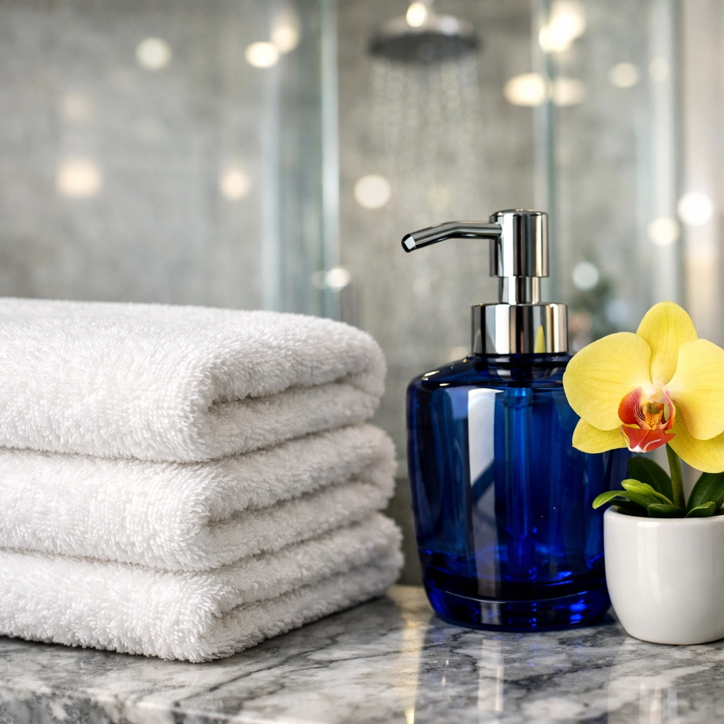 Pristine luxury master bathroom vanity featuring marble and plush towels from residential cleaning Massachusetts.