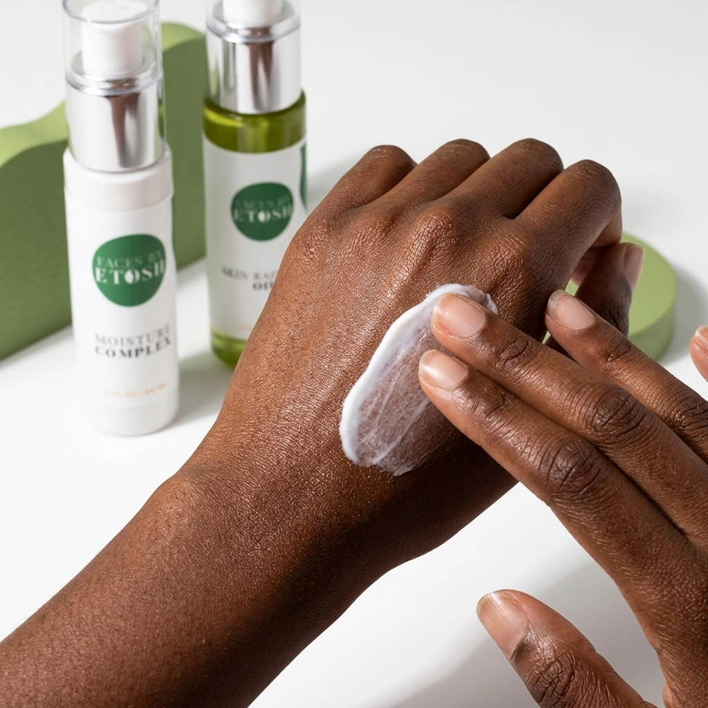 Hand with deep melanin skin applying sunscreen that blends in transparently