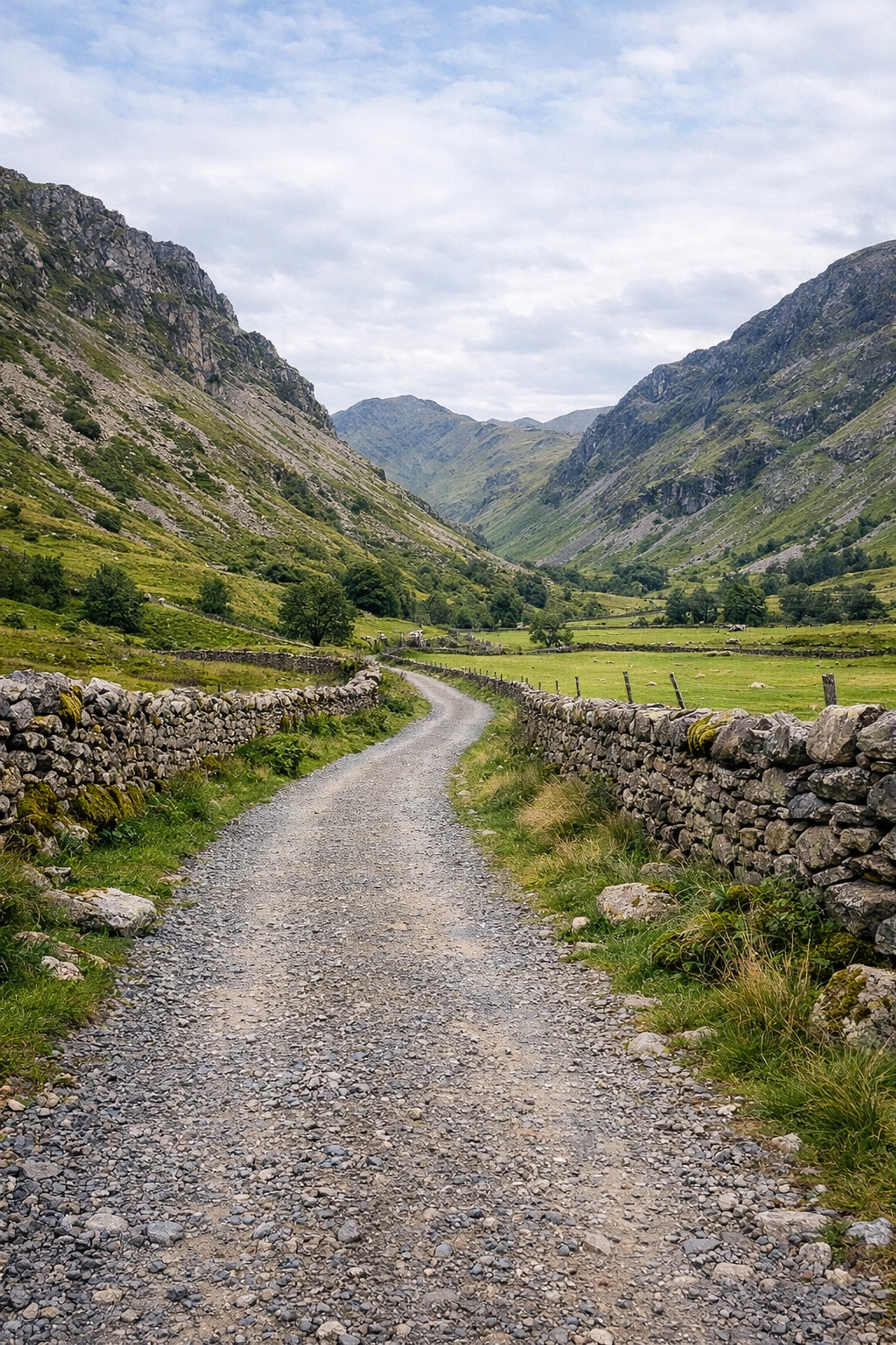Winding hiking trail through fells and stone walls for guided walks in the Lake District.