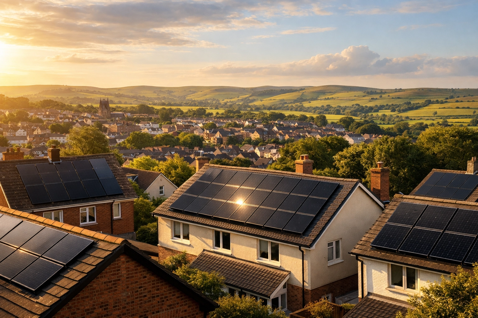 Renewable energy community in Dorchester featuring professionally installed rooftop solar panels.
