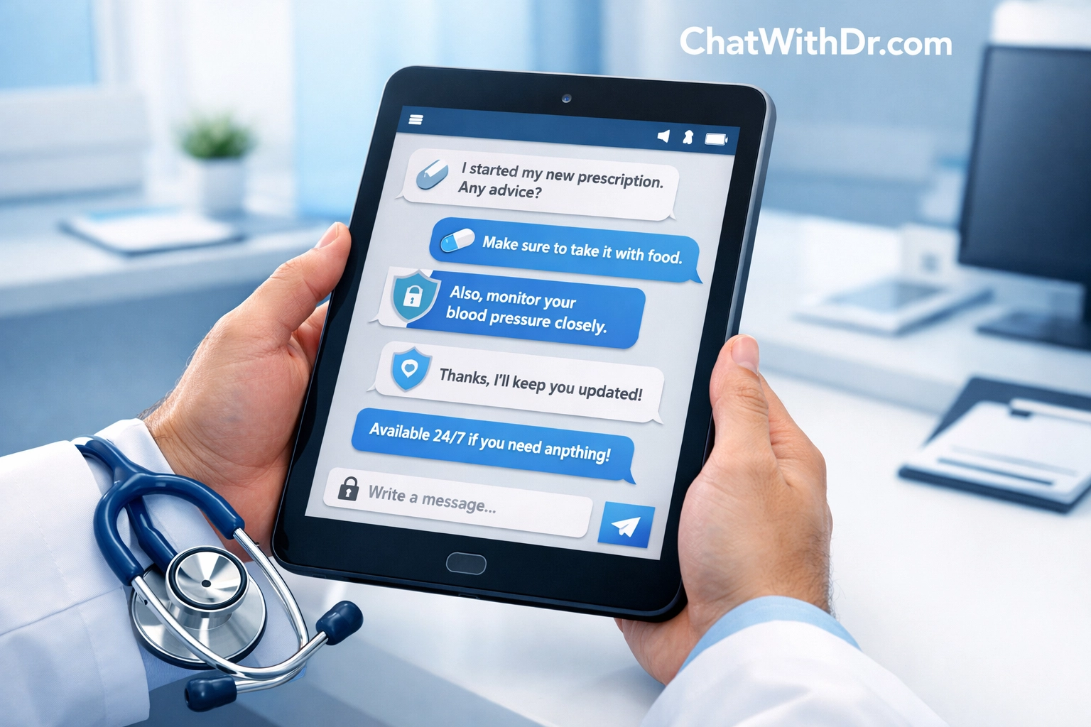Licensed doctor providing a care plan and online prescription through secure medical messaging on a tablet.