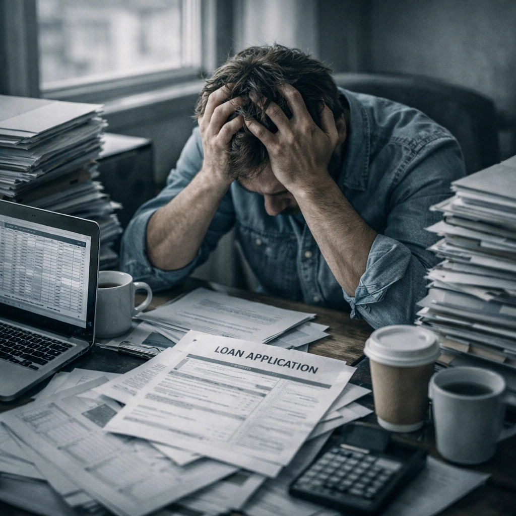 Business owner stressed by traditional loan paperwork and lengthy bank approval process