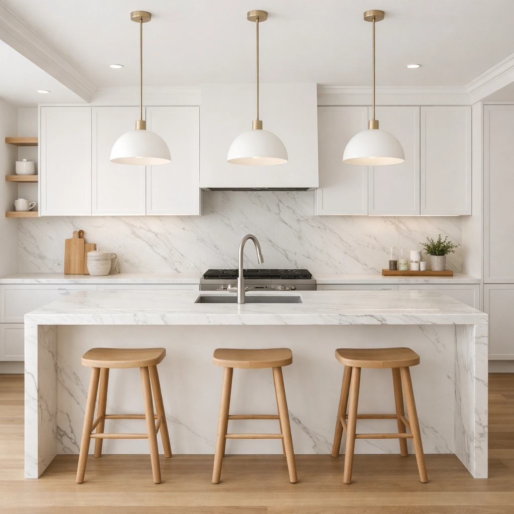 Modern kitchen renovation in Red Deer featuring white cabinetry and a marble island.