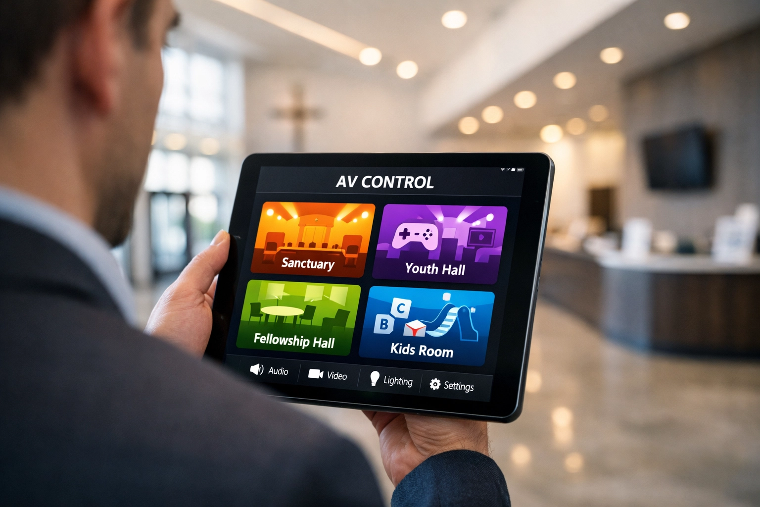 Controlling a software-defined church AV system via a mobile tablet dashboard for centralized management.