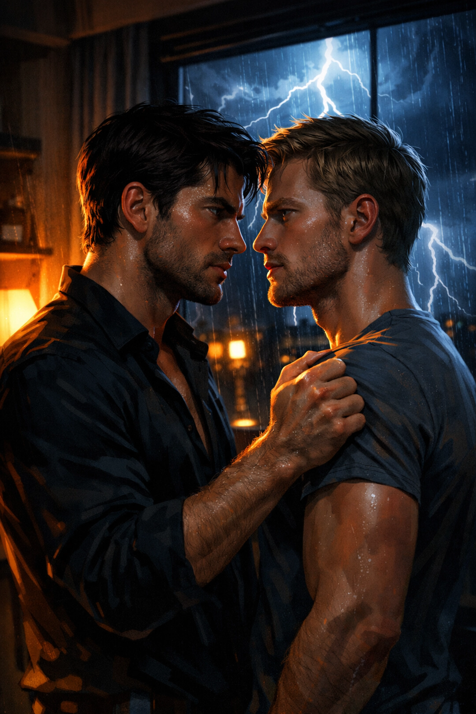 Two men in a tense standoff illustrating the enemies to lovers trope in gay psychological thrillers.
