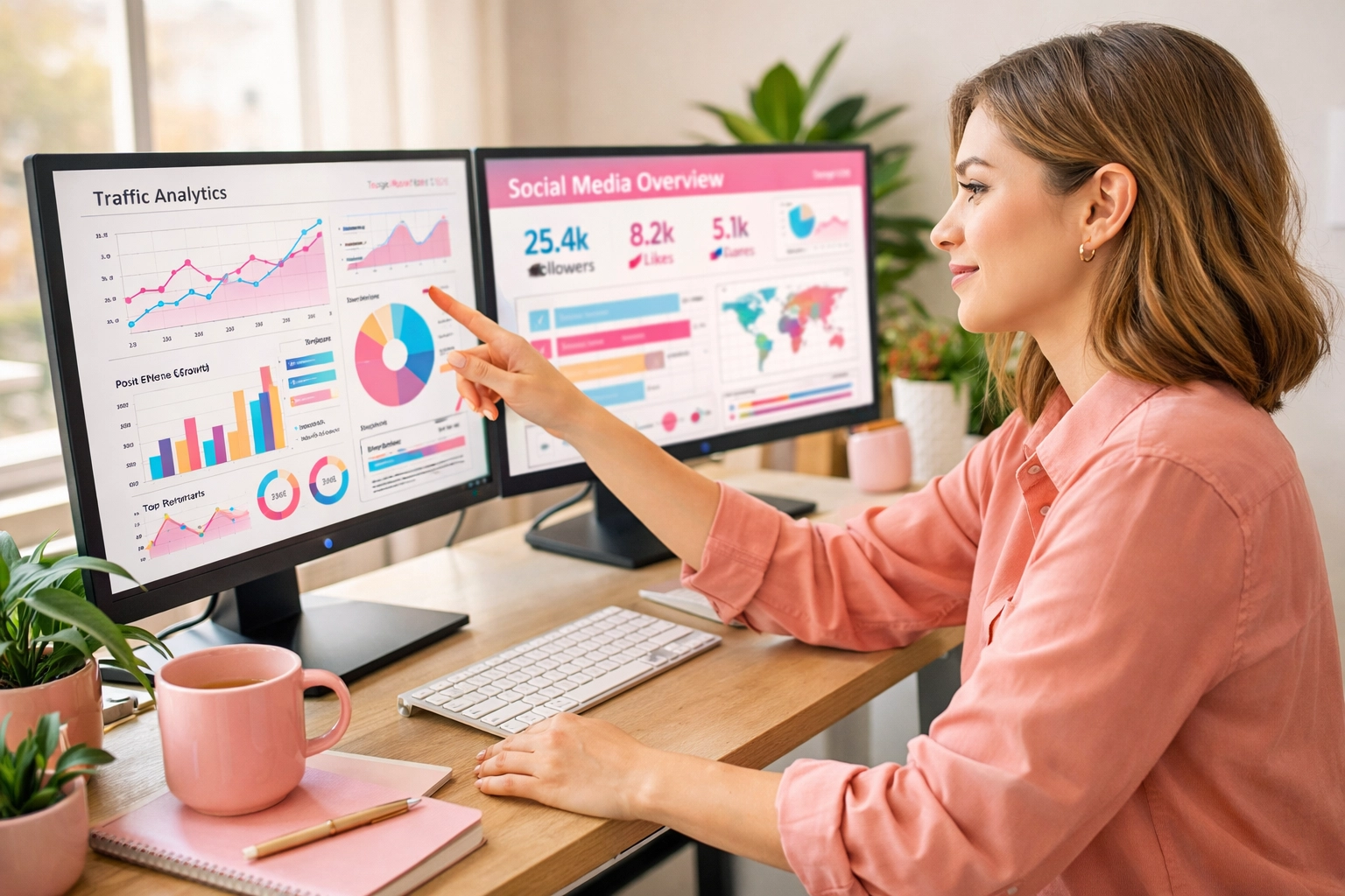 Social media manager analyzing analytics dashboards and performance metrics on dual monitors