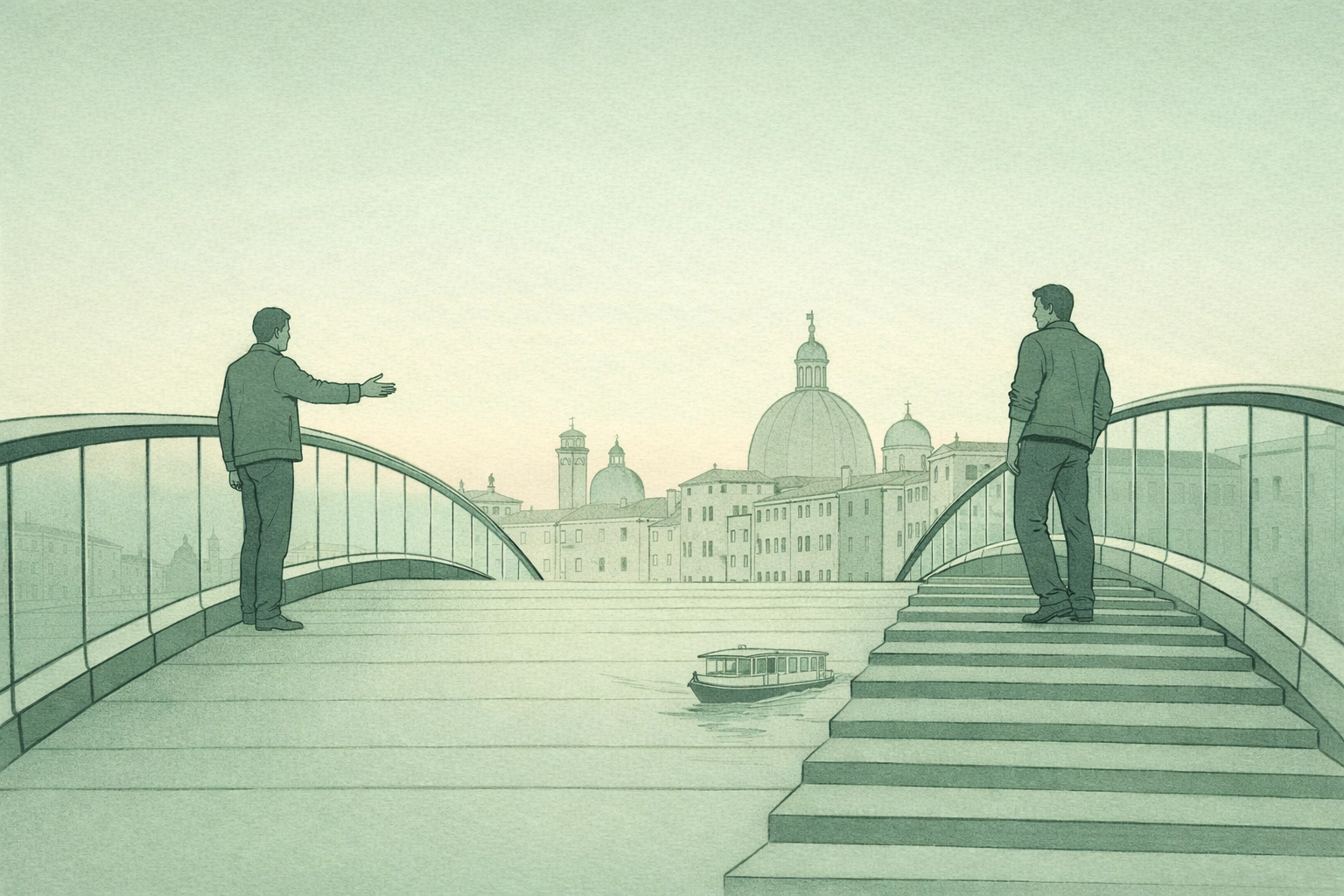 Two men on Ponte della Costituzione Venice facing relationship crossroads