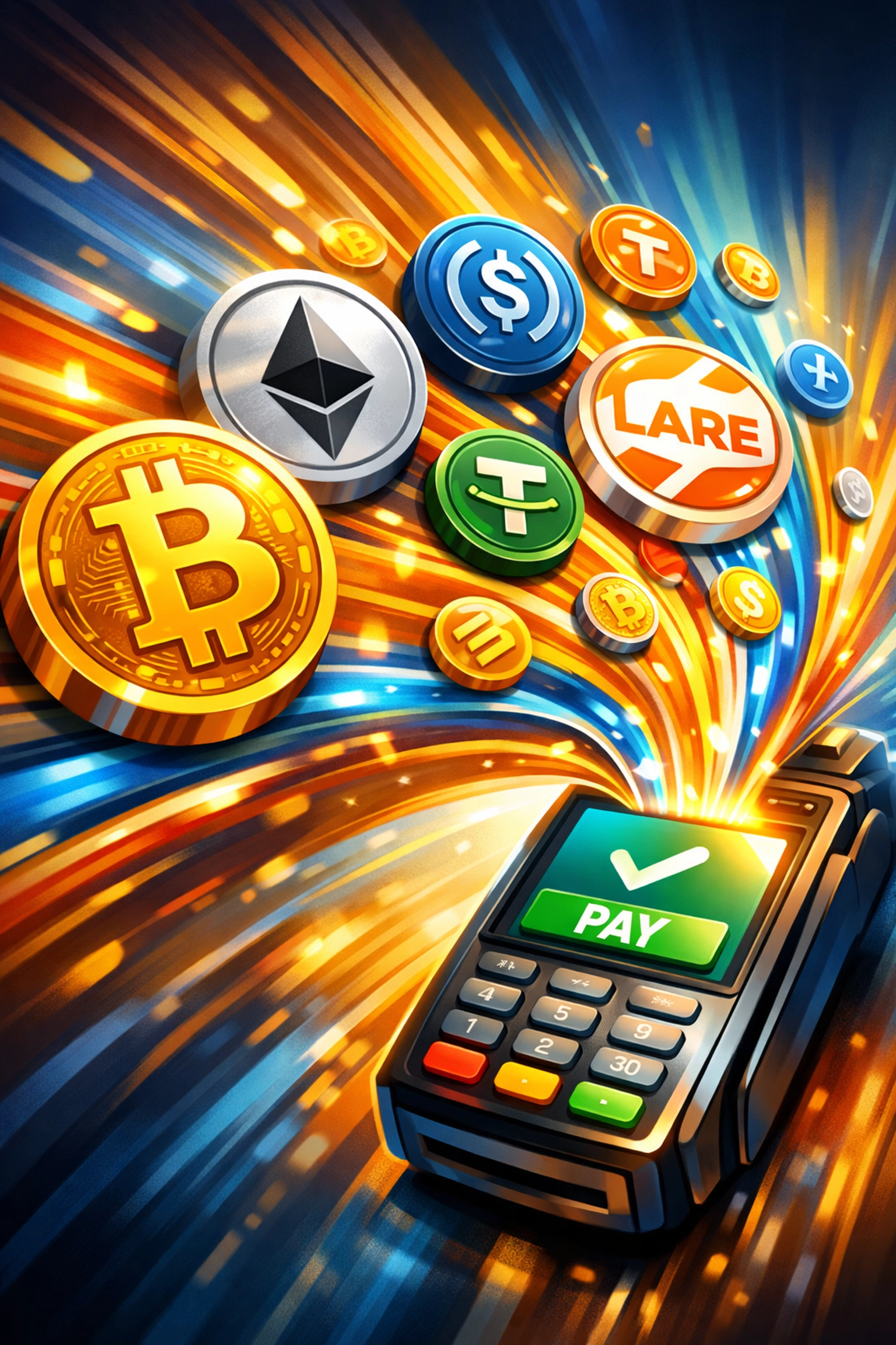 Multiple cryptocurrencies and stablecoins converging into unified Larecoin checkout