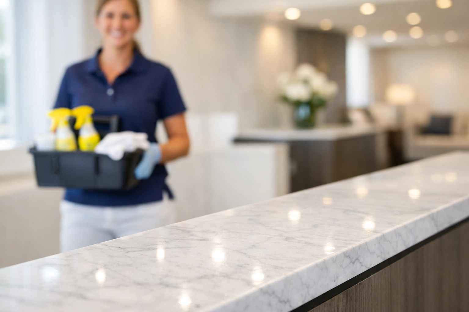 A professional from The Cleaning Ninjas Inc performing high-end office cleaning in Milford at a reception desk.