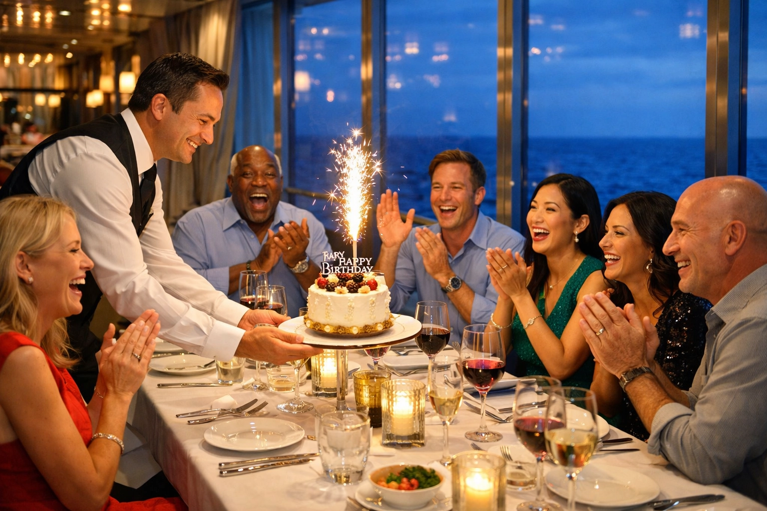 A birthday group celebrating with cake at a luxury cruise ship specialty restaurant.