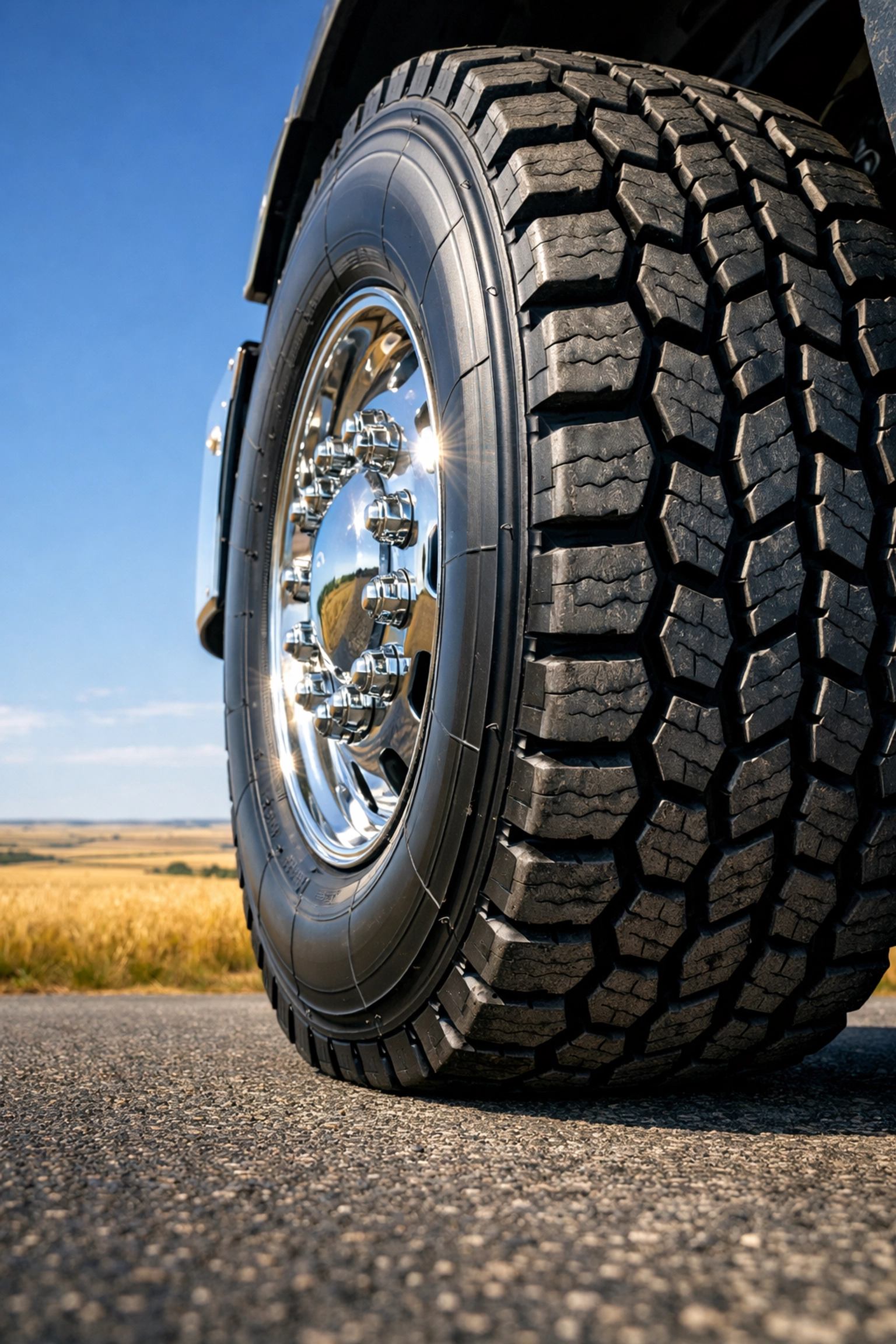 Heavy duty truck tire with deep tread patterns parked on a road near a Picture Butte tire shop.