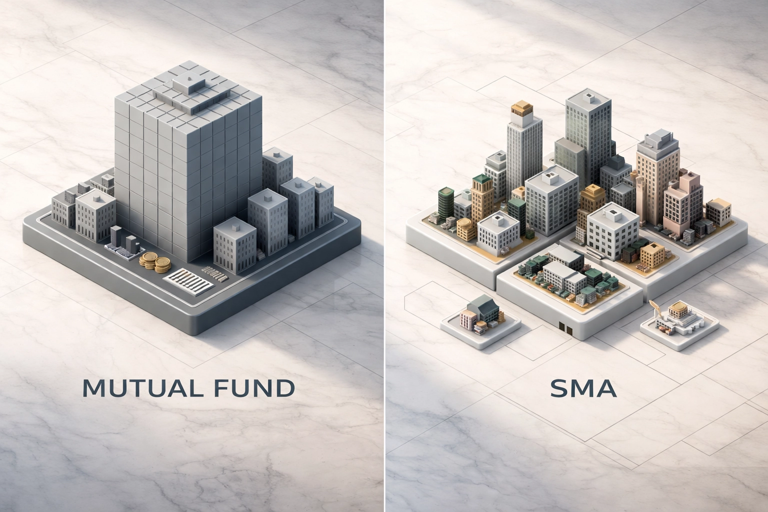 Aerial view of customizable vs. uniform investment models comparing SMAs and mutual funds for HNW families