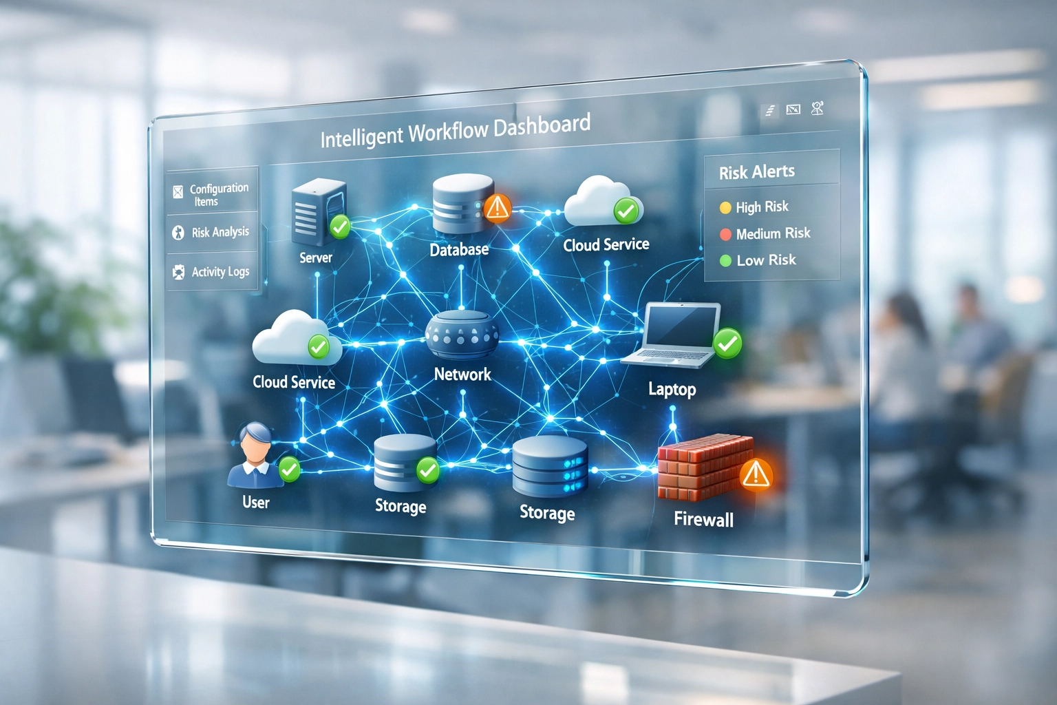 ServiceNow change management dashboard showing ITOM configuration dependencies and risk indicators